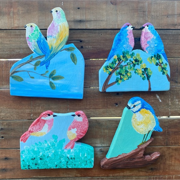 Hand Painted and Carved Birds and Chickadees in the Garden Wood Set of 4 - Picture 7 of 8